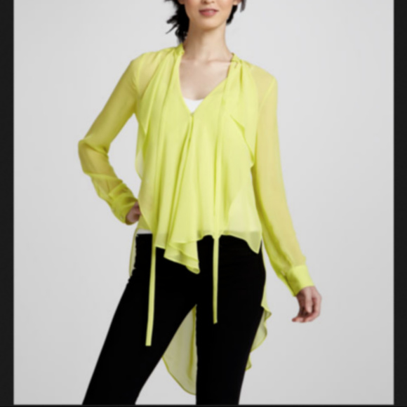 BCBGMAXAZRIA Keslyn Lime Silk Ruffle-Front Blouse - Picture 1 of 5